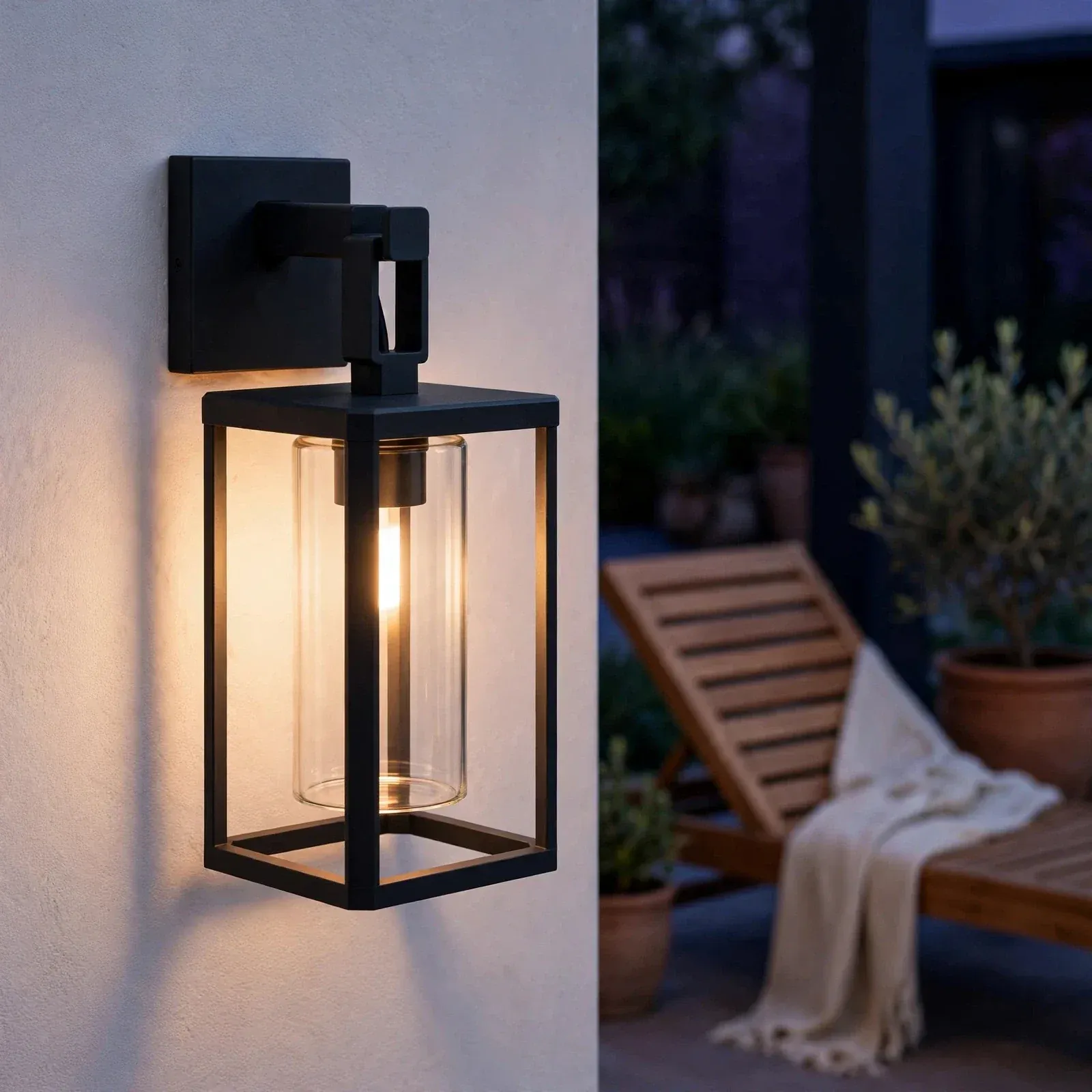 Generated lifestyle image: the lantern lit on a patio wall at dusk